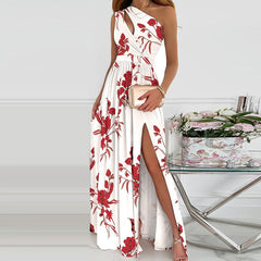 2023 Summer Women One Shoulder Floral Print Maxi Dress Girls High Slit Long Dresses Asymmetric Party Dresses Vestidos De Fiesta
