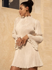 Elegant Flare Sleeve O Neck Pleated Mini Dress for Women Robe Autumn Long Sleeve Ruched Short Dresses Clubwear Vestido