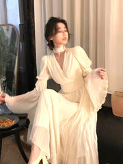 Fairy Pure Color Midi Dress Woman French Elegant Evening Party Dress Long Sleeve 2023 Spring One Piece Dress Korea Fashion Chic