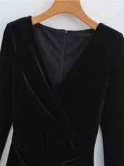 Hoobd New Spring 2023 Women Long Sleeve V Neck Ruched Velvet Mini Dress Vintage Ladies Sexy Vestido