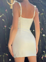 Hoobd Elegant Ruffle Bow Tie White Mini Dress for Women Sexy Backless Split Party Club Dresses 2023 Summer V-neck Sleeveless Dresses