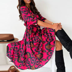 Retro Long Sleeve V Neck Dress Women Autumn Casual Button Lace Up Dress Ladies Fashion Temperament Slim Fit Big Hem Dresses New
