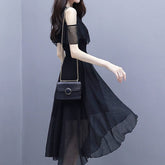 Hoobd Elegant Fashion V-neck Zipper Off Shoulder Short Sleeve A-LINE Dress Summer Black Solid Color Chiffon Empire Women's Clothing