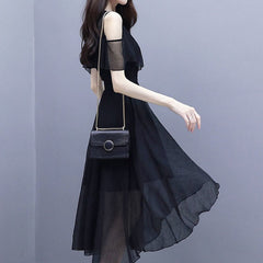 Hoobd Elegant Fashion V-neck Zipper Off Shoulder Short Sleeve A-LINE Dress Summer Black Solid Color Chiffon Empire Women's Clothing