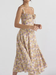 Hoobd Floral Printed Women Dress 2023 Summer Elegant Solid Slim Sleeveless Slip Female Side Split Waist Lady A-line Robe