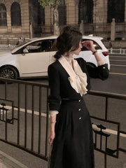 Korean Suit Autumn Elegant 2 Piece Dress Set Office Lady Long Sleeve Crop Tops + Casual Black Midi Skirt Woman Slim Retro