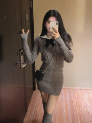 Autumn Kawaii Knitted Two Piece Set Women Casual Bow Sweet Mini Skirt Suit Female Korean Fashion Warm Elegant Sweater Set