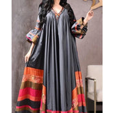 Women Fashion Print V Neck Big Swing Pullover Dress Casual Female Beach Boho Pleated Dress Elegant Long Sleeve Loose Robe Dress