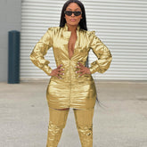 Hot Womens Shiny Golden Metallic Pleated Mini Dress New Autumn Long Sleeve Evening Party Club Clothes Festival Outfits