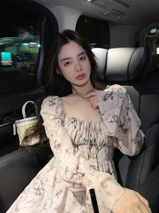 2023 Spring French Vintage Floral Mini Dress Women Causal Elegant One Piece Dress Korean Fashion Long Sleeve Evening Party Dress