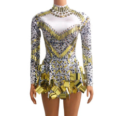 Hoobd Raquel Mirror Party Dress Nude Women Long Sleeve Stretch Mini Dress Evening Party Prom Women's Celebrate Dress Stage Costumes