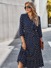 Hoobd Autumn Winter Dot Bandage Dress Women Casual Ruffles V Neck High Waist Slim Print Long Dress New Fashion