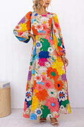 Dress Women Autumn New Flower Printed Lace Up Hollow Out Sexy O Neck Lantern Sleeve Fashion Casual Ladies Long Dresses MsChuh