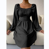 Pullover Square Neck Long Sleeve High Waist Lace A-line Dress