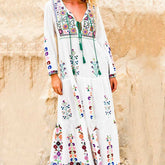 Boho Inspired floral embroidered long Sleeve white dress women V-neck tassel boho dress maxi chic style dress gypsy vestido