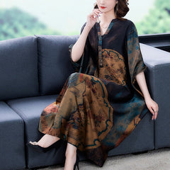 2023 Loose Casual Flesh Covering Silk Print Mulberry Silk Long Dress Summer Retro 4XL Plus Size Chiffon Dress Women Vestidos