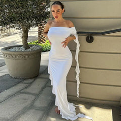 Women Chic Ruffle Long Sleeve Diagonal Collar Ribbon Sexy Slim Split Dress Vintage Fashion Vestido Elegant Hip Wrap Dress