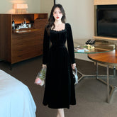 2023 New Spring and Fall Vintage Black Long Sleeve Dress Woman Elegant Fashion Velvet Midi Dress Korean Style Even Party Dresses
