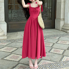French Vintage A-line Midi Dress for Women 2024 Sleeveless High Waisted Square Collar Flounce Sweet Fairy Dresses Summer