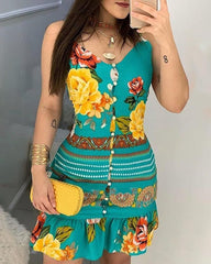 Women Tropical Print Sleeveless Casual Dress Casual Mini Dress Vacation Fmmle Dress