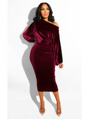 Autumn Elegant Velvet Evening Dress Women Sexy One Off Shoulder Long Sleeve Bodycon Party Midi Dress 2022 Winter Clothes