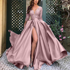 New Sexy Deep V Long Sleeve Party Dress Fashion Mesh Patchwork Wedding Dress Elegant Women Satin Waisted Big Hem High Slit Dress