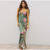 Hoobd Sleeveless Floral Print Suspender Dress Women Fashion V-neck Slim Maxi Dresses 2023 Summer Chic Female Beach Party Club Robe