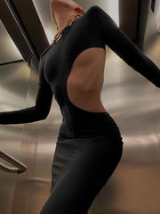 Hoobd Fall Party Dresses For Women Sexy Black Cut Out Round Neck Long Dress Women Elegant Long Sleeve Club Party Spring Dresses Skinny Clothes