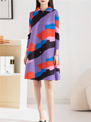 Miyake Pleated Loose Plus Size Dress for Women 2023 Spring Autumn Fashion Printed Square Collar Single Breasted Plump Girls Tops