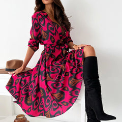 Retro Long Sleeve V Neck Dress Women Autumn Casual Button Lace Up Dress Ladies Fashion Temperament Slim Fit Big Hem Dresses New