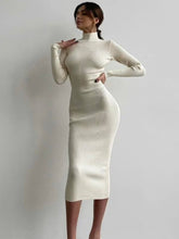 Fashion High-neck Bodycon White Knitted Midi Dresses Women 2022 Autumn Winter Sexy Solid Color High Street Woolen Warm Dress