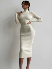 Fashion High-neck Bodycon White Knitted Midi Dresses Women 2022 Autumn Winter Sexy Solid Color High Street Woolen Warm Dress