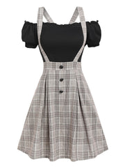 Hoobd Off The Shoulder Tee and Crisscross Plaid Suspender Skirt Set Two Piece Dress Top and Skirt Set