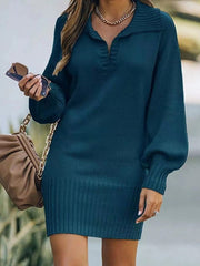 Hoobd New In 2023 Women Dress Medium Long Skirt Sweater Dress Female Lapel Long Sleeve Dress Pullover Loose Women Knitted Dresses