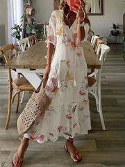 Hoobd Summer Fashion Floral Print Holiday Long Dress Casual Loose Drawstring Half Sleeve Dress Women V Neck Chic Ruffled Boho Dresses