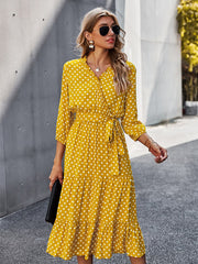 Hoobd Autumn Winter Dot Bandage Dress Women Casual Ruffles V Neck High Waist Slim Print Long Dress New Fashion