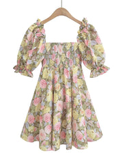 Hoobd Summer Women Rose Floral Print Dress Sexy Backless Puff Sleeve Ladies Holiday Party Mini Dresses