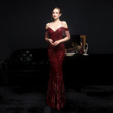 Hoobd Women Elegant Off Shoulder Luxury Evening Dress Sexy Sequin Mermaid Dress Spaghetti Straps Silver Beading Long Party Dress New