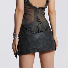 Y2K Emo Vintage Women Korean Short Sexy Leather Mini Skirts Aesthetic Fairy Grunge Low Waist Pu Leather A-line Skirt Alt Clothes