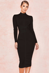Hoobd Bodycon Dress Rayon High Quality Turtleneck Long Sleeve Lace Up Bandage Dress Ribbed Knee-Length Sexy Vestidos Dobanmbd