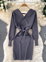 YuooMuoo Fashion Y2K Casual Vestidos Women Dress Autumn Winter Bodycon Knitted Sweater Dress Elegant Office Ladies Dress