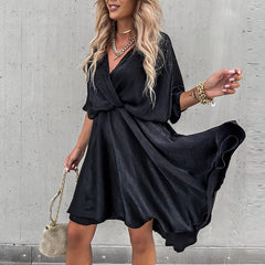 Elegant Short Sleeve Solid A-line Loose Mini Dress