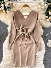 YuooMuoo Fashion Y2K Casual Vestidos Women Dress Autumn Winter Bodycon Knitted Sweater Dress Elegant Office Ladies Dress