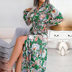 2023 New Women Spring Summer Retro Floral Collar Long Sleeve Tie Up Shirt Dress For Ladies Fashion All Match Print Dresses