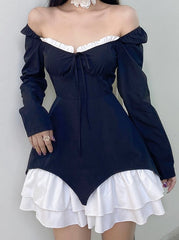 Hoobd Patchwork Slim Ball Gown A-Line Dress Vintage Quare Collar Long Sleeve Mini Dresses For Women Elegant Fashion Lady