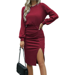 Autumn and Winter Women's Threaded Waist Lantern Temperament Elegant Round Neck Long Sleeve Sexy Slit Bag Hip One-step Dress