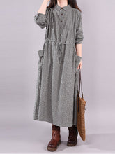Dresses for Women Loose Stitching Cotton and Linen Plaid Long-sleeved Dress Women's Lace-up Waist Midi Skirt Elegantly