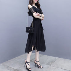Hoobd Elegant Fashion V-neck Zipper Off Shoulder Short Sleeve A-LINE Dress Summer Black Solid Color Chiffon Empire Women's Clothing