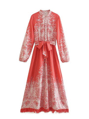 Hoobd New Spring Women Vintage Floral Print Tassel Dress With Belt Ladies Elegant A-line Long Dress