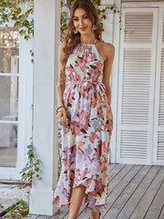 Fashion Print Dress Spring Summer New Slip Dress Casual Vacation Dress for Women Sexy Irregular Lacing Long Skirt Streetwear